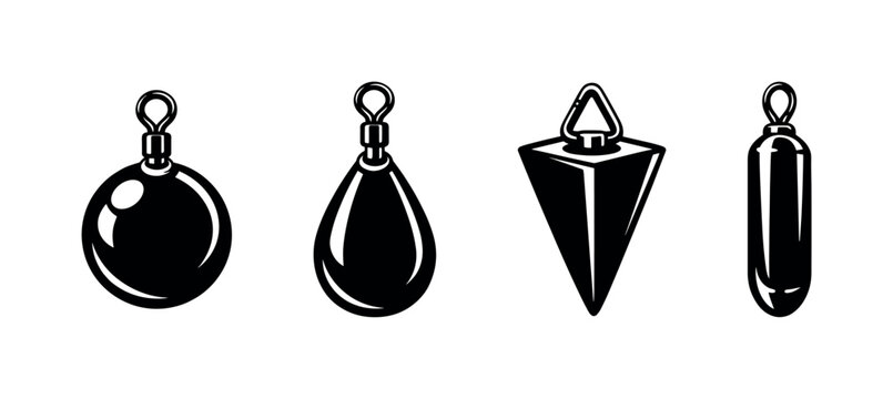 Fishing weights vector icons set: black silhouette of sinkers and lead weights