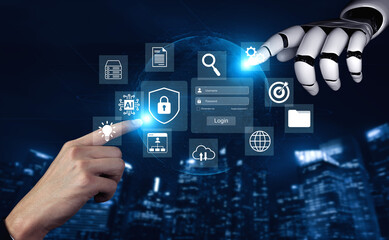 A captivating image depicting a robotic hand and a human hand interacting with a futuristic digital interface showcasing security features, data management, and connectivity. Gantry