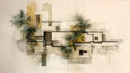 Artistic architectural illustration merging detailed blueprint lines with soft watercolor washes to depict a contemporary residential design with terraces, steps and green spaces