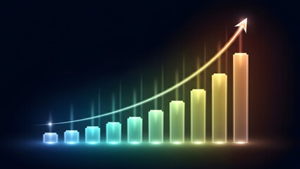 Glowing bar chart with rising arrow showing financial success and business growth on dark blue background