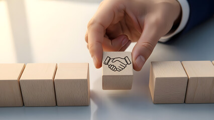 Businessman hand placing wooden block symbolizing deal or agreement with handshake icon