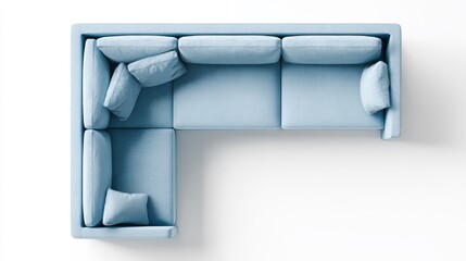 L shaped light blue corner sofa with comfortable cushions isolated on a white background, representing modern home furniture and interior design ideas