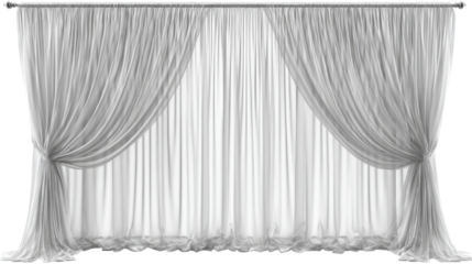 White sheer curtains tied and draped on a rod against a transparent background, airy pleated fabric ideal for elegant window treatments, room dividers or event backdrops