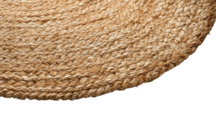 Jute rug material showing a braided circular pattern texture of natural fibers, presenting an eco friendly and handicraft background element with a transparent background
