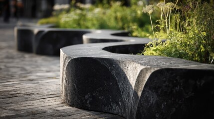 Wavy dark stone bench with minimalist modern design shaping an urban park path, offering serene seating amid sunlit greenery and textured cobblestone paving stones