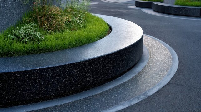 Urban parklet with a sleek curved dark terrazzo bench set amid vibrant green grass and planters, blending minimalist hardscape and softscape for a tranquil city oasis