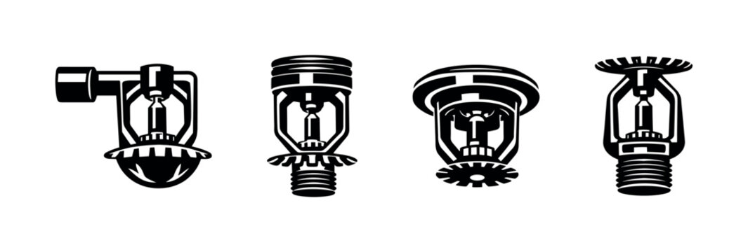 Fire sprinkler vector icons set, safety elements, solid flat outline symbols