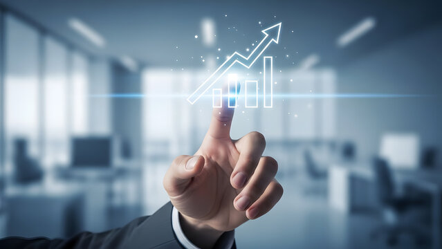 Man in suit touches holographic chart displaying financial growth and business success in modern corporate office interior - Powered by Adobe