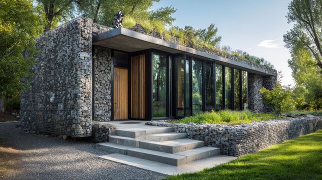 Modern sustainable home featuring gabion walls, a living green roof, and large glass windows, blending architectural design with natural landscape for ecological living