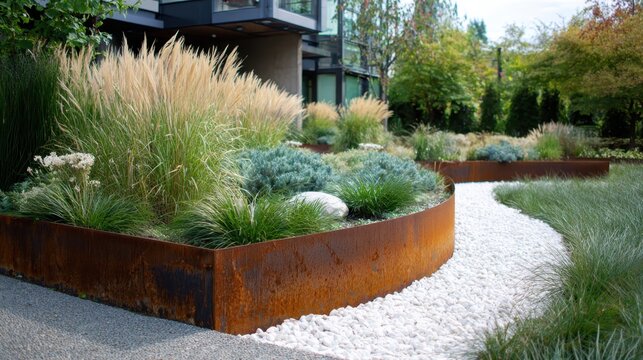 Contemporary residential landscaping showcasing curved corten steel garden beds filled with native grasses and xeriscaping plants, harmonizing with a bright white pebble pathway and green lawn