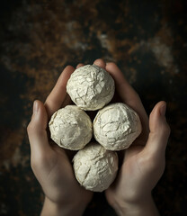Hands holding crumpled paper balls with handwritten motivation notes. Concept of learning from mistakes, brainstorming, resilience and trying again after failure