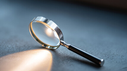 Close-up of a magnifying glass with black handle casting light on textured surface in soft focus background