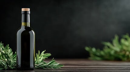 An elegant and sleek olive oil bottle is artistically displayed with fresh green herbs nearby, capturing the essence of culinary excellence and sophistication in food presentation.