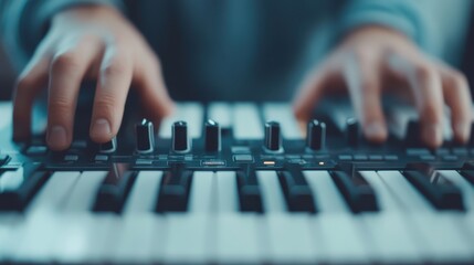 Fototapeta premium Close-up view of hands skillfully playing a keyboard, indicating musical creativity and expression, with focus on the instrument's design and the motion of fingers creating harmonious sounds.