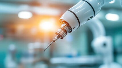 A futuristic robotic arm poised to deliver an injection, symbolizing advancements in medical technology and automation within the healthcare sector.