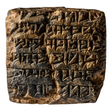 Ancient stone tablet with cuneiform script on black background