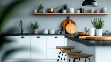 An elegant kitchen showcases minimalist design, featuring natural wood elements and potted plants, creating a harmonious atmosphere for culinary creativity and home comfort.