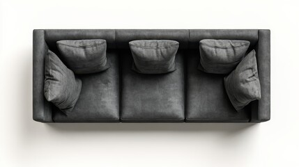 Dark gray three seater sofa with deep cushions and plump back pillows in a minimalist living room setting, modern upholstered design conveying comfort and contemporary style