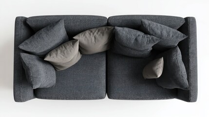 Dark gray modern sofa with textured charcoal fabric and scatter cushions, captured from a top down perspective, showcasing contemporary design and comfortable home furnishings
