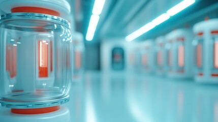 A sleek and futuristic laboratory setting featuring glowing containers lined up, exuding a high-tech atmosphere that sparks imagination about innovation and scientific advancements.