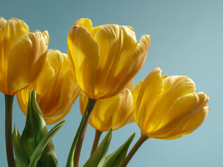 Obraz premium Bright yellow tulips gently glowing in soft natural light against a serene pale blue background creating a warm and cheerful springtime atmosphere in bloom