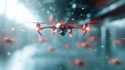 A vivid close-up of a high-tech red drone capturing stunning visuals, showcasing advanced engineering and technology with the backdrop of a dynamic environment.