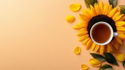 A lovely sunflower centerpiece lies next to a warm tea cup, creating a serene and calming ambiance on a soft orange background, inviting relaxation and contemplation.