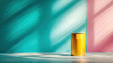 A vibrant yellow canister stands out against a backdrop of pastel colors, creating a lively contrast that highlights modern minimalistic design elements in a playful way.