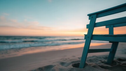 A serene beach chair positioned against the backdrop of a breathtaking sunset, encapsulating the tranquility and beauty of nature's palette with calming vibes and reflections.
