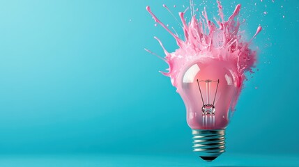 An artistic representation of creativity, showcasing a light bulb exploding with pink paint, symbolizing innovative ideas, imagination, and the power of inspiration.