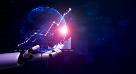 A futuristic robotic hand displays a digital globe highlighted by graphs and data visualizations, symbolizing advancements in technology and economic growth. Scalp