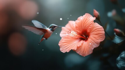 Obraz premium This stunning image illustrates a hummingbird hovering gracefully in front of a vibrant hibiscus flower, capturing the beauty of nature and the essence of life.