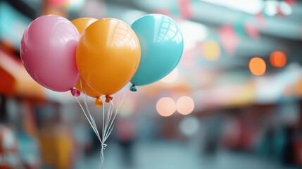 A collection of cheerful balloons in pink, orange, and blue adds vibrant color and charm to a festive atmosphere, evoking feelings of celebration and joy.