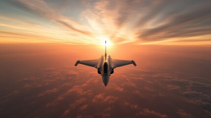 An impressive view of a fighter jet soaring high against a breathtaking sunset, showcasing the blend of technology and the beauty of nature in flight.