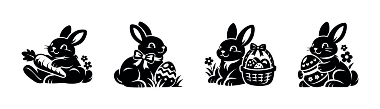 Bunnies vector icons set: adorable rabbit symbols, easter embellishments, festive decor