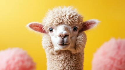 Obraz premium An adorable alpaca with fluffy cream-colored fur is captured in this charming portrait, radiating warmth and playfulness against a bright yellow backdrop.
