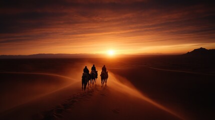 Silhouetted figures on horseback traverse a vast desert landscape, as a warm sunset bathes the scene in golden hues, symbolizing adventure and exploration.