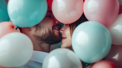 Obraz premium A romantic moment between a couple, surrounded by colorful balloons, encapsulating love and joy, showcasing intimacy and the celebration of togetherness in a cheerful atmosphere.