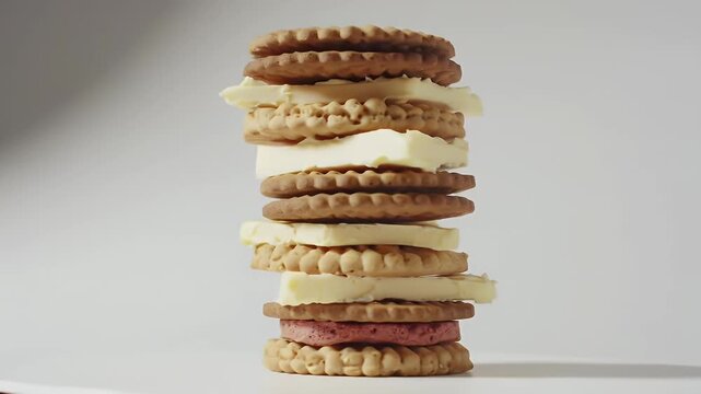 A tall vertical stack of cream-filled almond-colored and darker brown biscuit cookies arranged in alternation on a pale studio backdrop