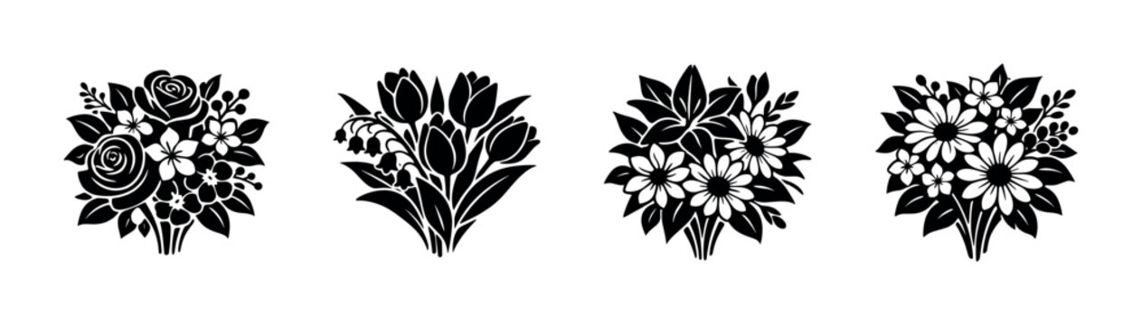 Floral bouquet vector icons set - elegant black flower design, decorative motifs