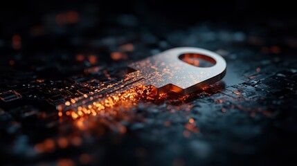 This image showcases a metallic key surrounded by glowing sparks, symbolizing security and digital access in a modern, abstract manner.