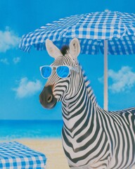 Fototapeta premium Zebra wearing holographic glasses stands under a blue gingham umbrella on a sunny beach, creating a whimsical and vibrant summer scene with playful elements