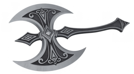 Decorative silver axe on black ornate tool isolated on a transparent background