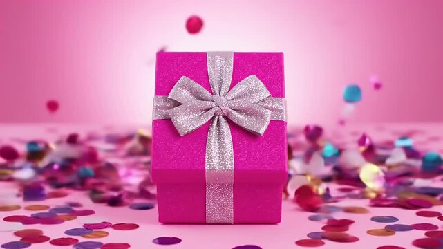 A Vibrant Pink Gift Box with Silver Ribbon and Confetti in a Soft Studio Scene
