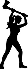Minimalist Silhouette of Woman Chopping Wood with Axe