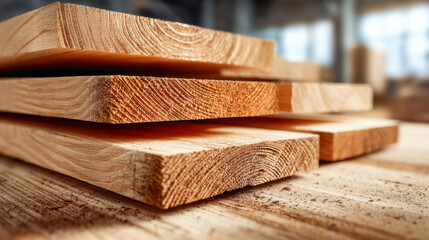 Stacked wooden planks with visible grain patterns resting on a dusty workshop table surrounded by soft natural light and blurred background elements