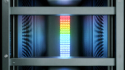 Close-up of a server rack with colorful LED lights inside a data center environment showing technology and digital infrastructure