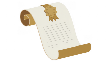 Scroll with gold seal and lines parchment certificate isolated on a transparent background