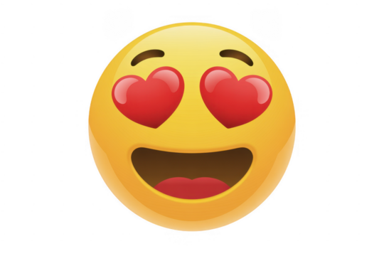 Smiling face with heart eyes emoji yellow face red hearts isolated on a transparent background - Powered by Adobe