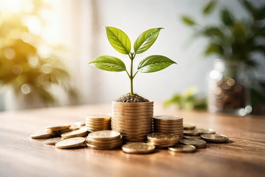 Growth of Financial Prosperity Represented by a Green Plant Emerging from Stacked Coins Symbolizing Sustainability Investment and Economic Resilience in a Modern Workspace